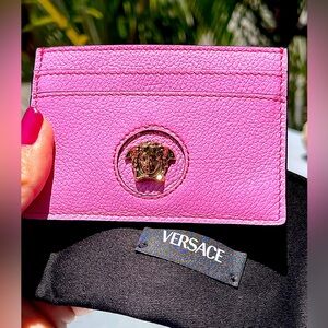 Versace Leather Double-sided Card Holder Pink/Gold Medusa NWT Box/DustBag/Papers